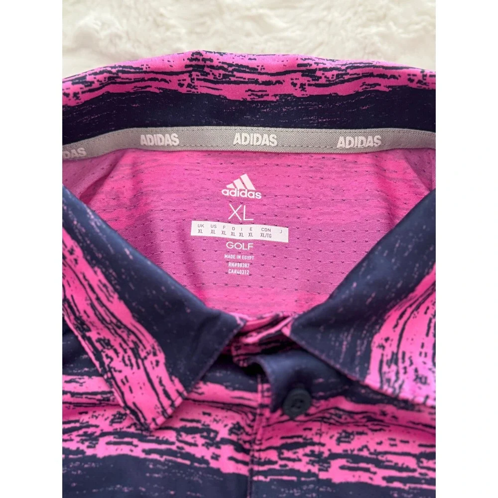 Adidas Golf Polo Shirt XL Pink Navy Striped Performance Short Sleeve Mens